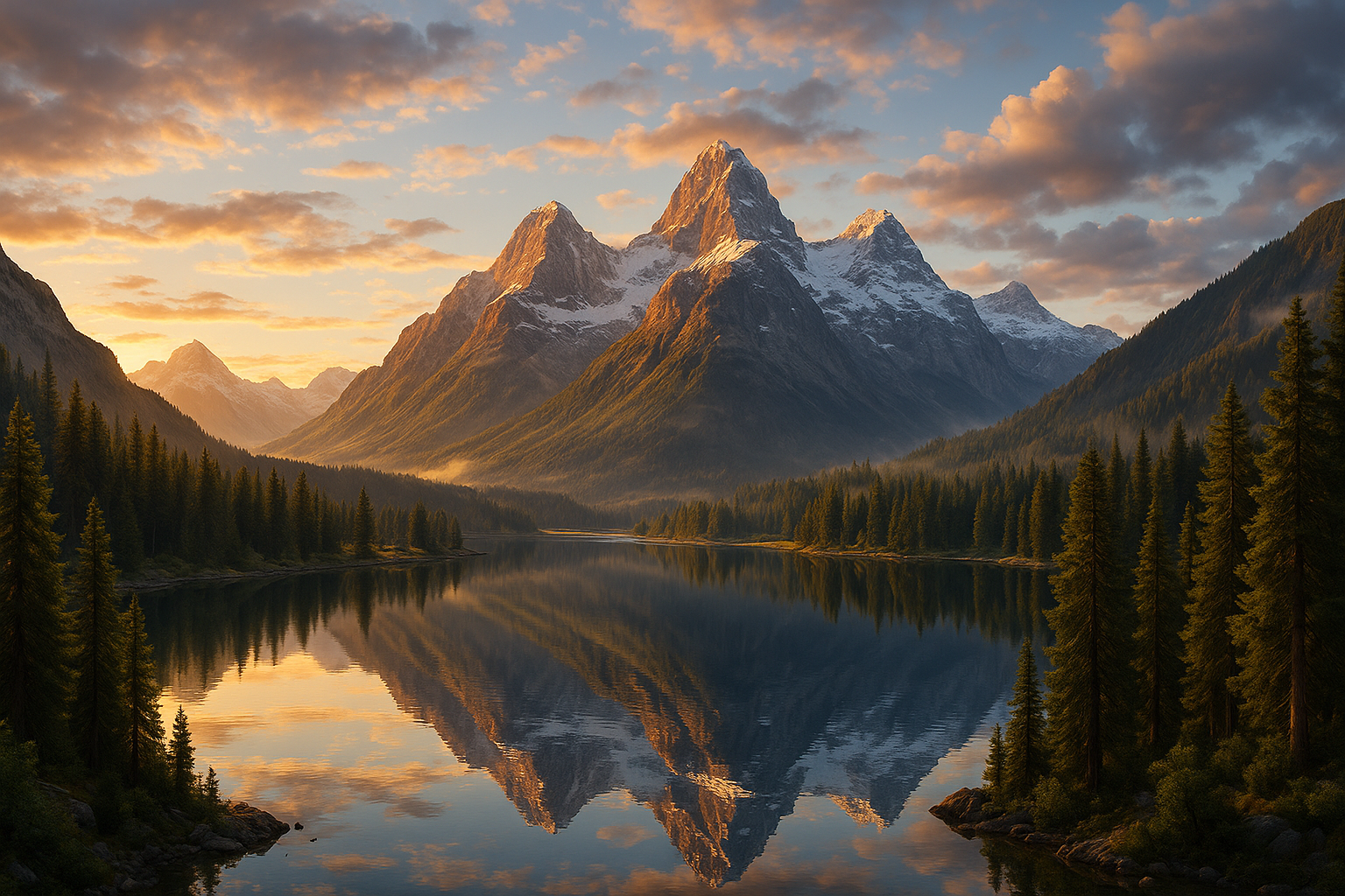 Majestic mountains reflecting in a tranquil lake at sunrise, surrounded by dense forest